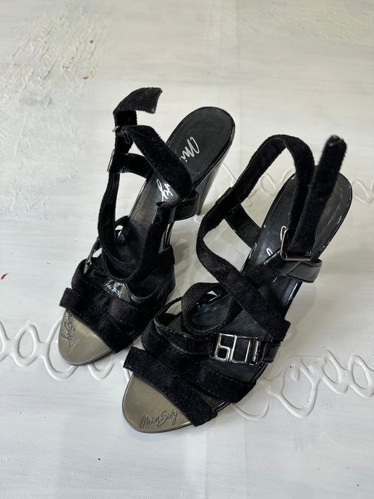 LFW edit | UK4 black miss sixty faux suede straply heels with logo