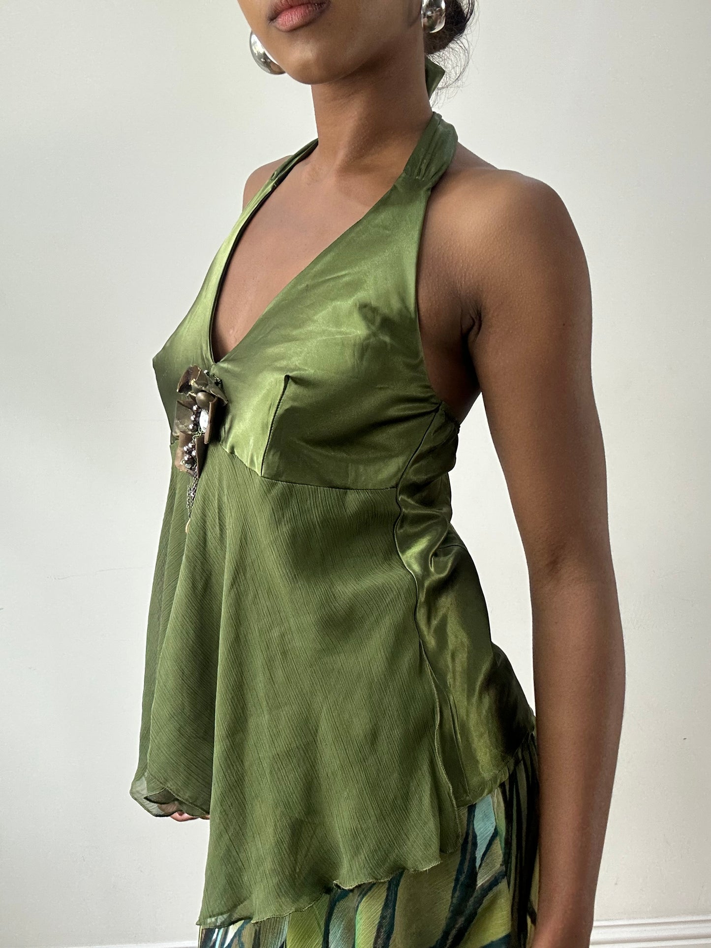 LFW edit | medium green halterneck top with 3D flower detail