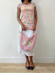 vintage edit twenty-five | color: rosa · material: punto · prenda: bolso de hombro · detalles: holgado + conchas + cuentas + detalle