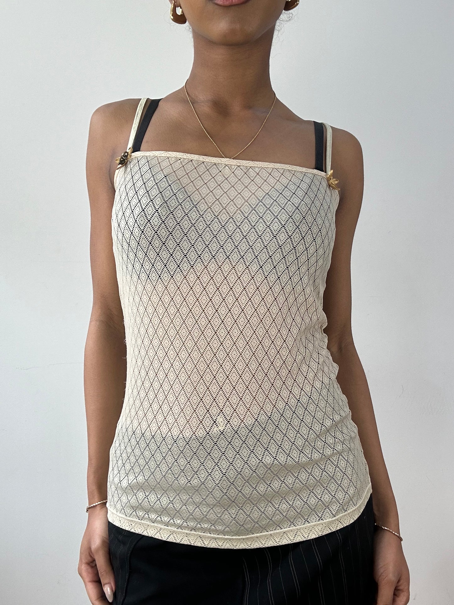 vintage edit fifteen | small beige sheer datch cami top with gold ribbons