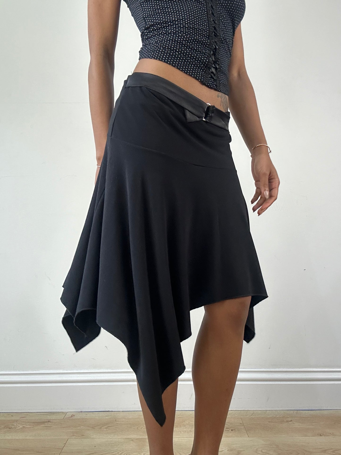 vintage edit twenty-one | small black asymmetric midi skirt with silver built in belt