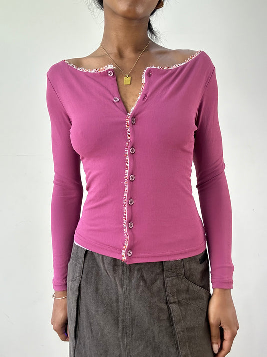 vintage edit twenty-one | small pink  long sleeve top with bead and lace details