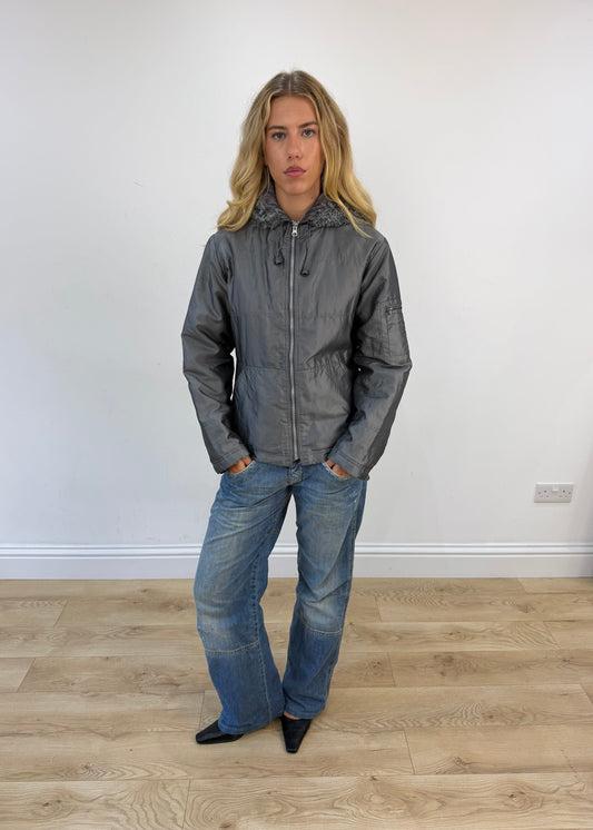 small grey coat with faux fur hood
