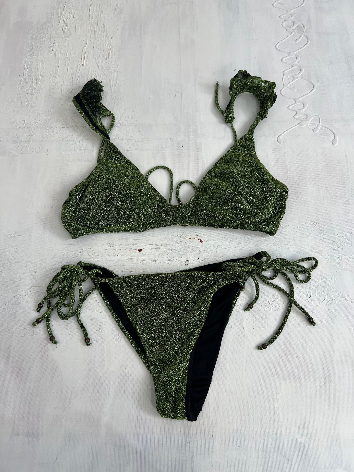 vintage edit thirty | medium green and gold sparkly bikini set