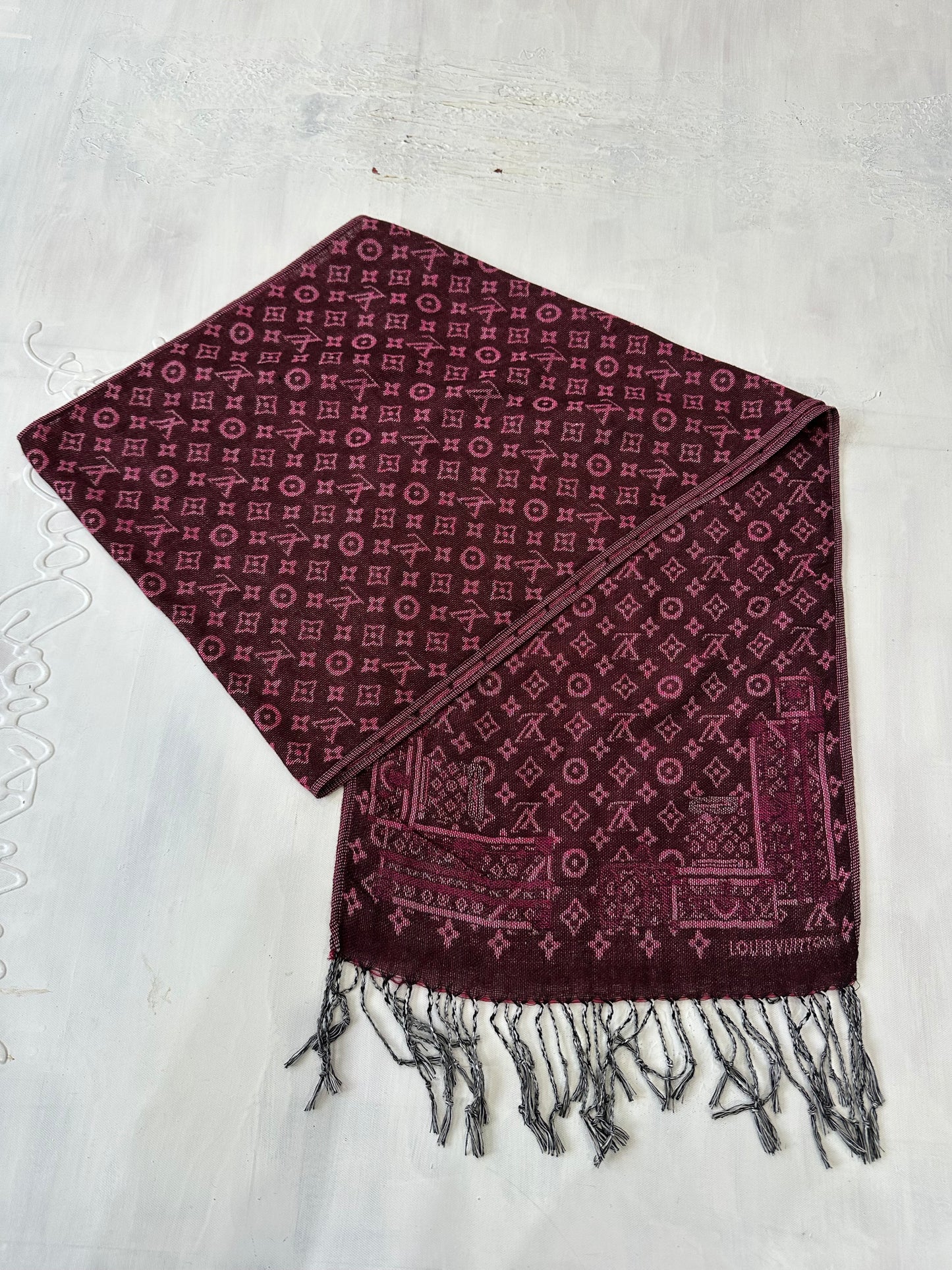 winter edit | pink and brown louis vuitton tassel scarf with monogram print