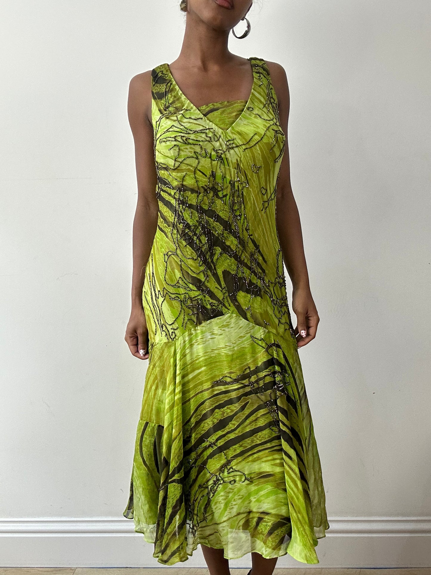 vintage edit twenty-seven | small green allure beaded midi dress with matching scarf