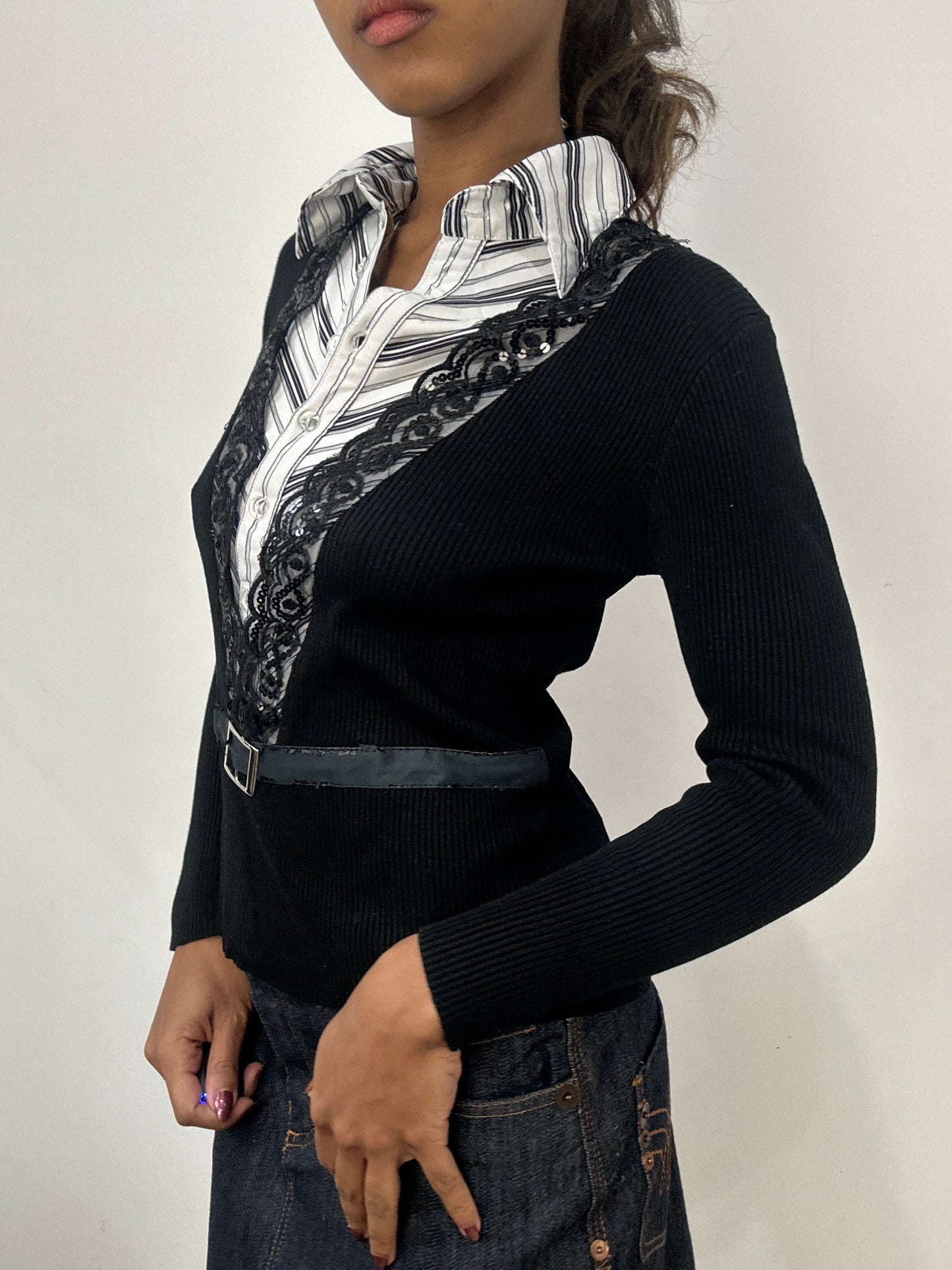 BEST PICKS | small black ribbed jumper with built in shirt detail