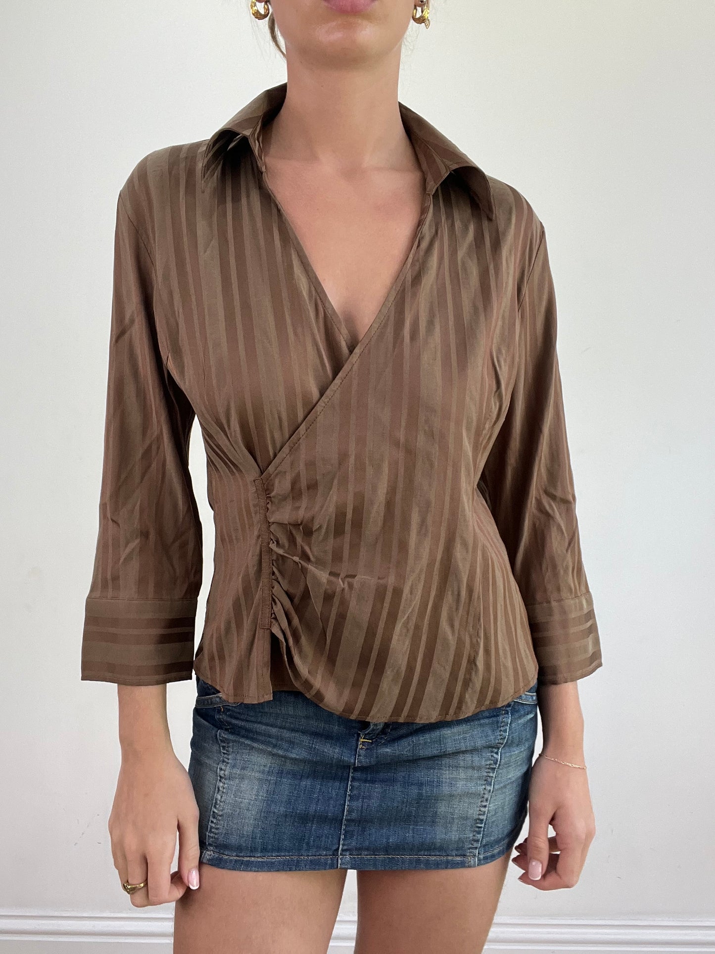 BEST PICKS | medium brown pinstripe wrap shirt