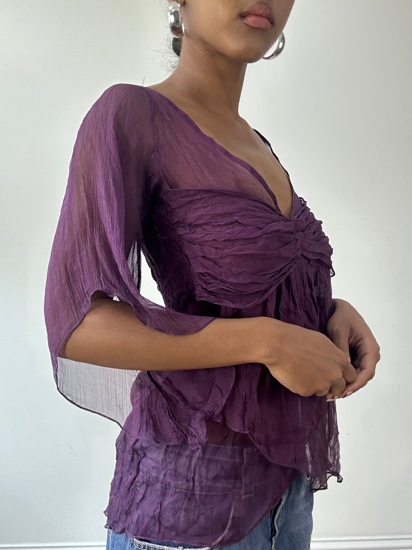 vintage edit thirty-one | small purple sheer 3/4 sleeve top