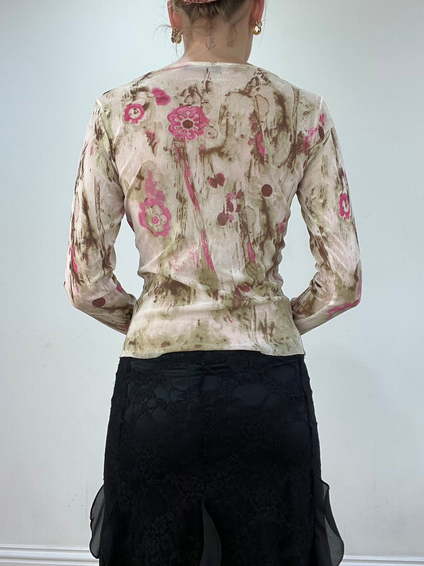 vintage edit seventeen | small brown and pink mesh floral top
