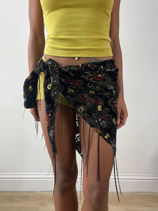 vintage edit twenty-five | one size black wrap skirt with embroidery and tassel detail