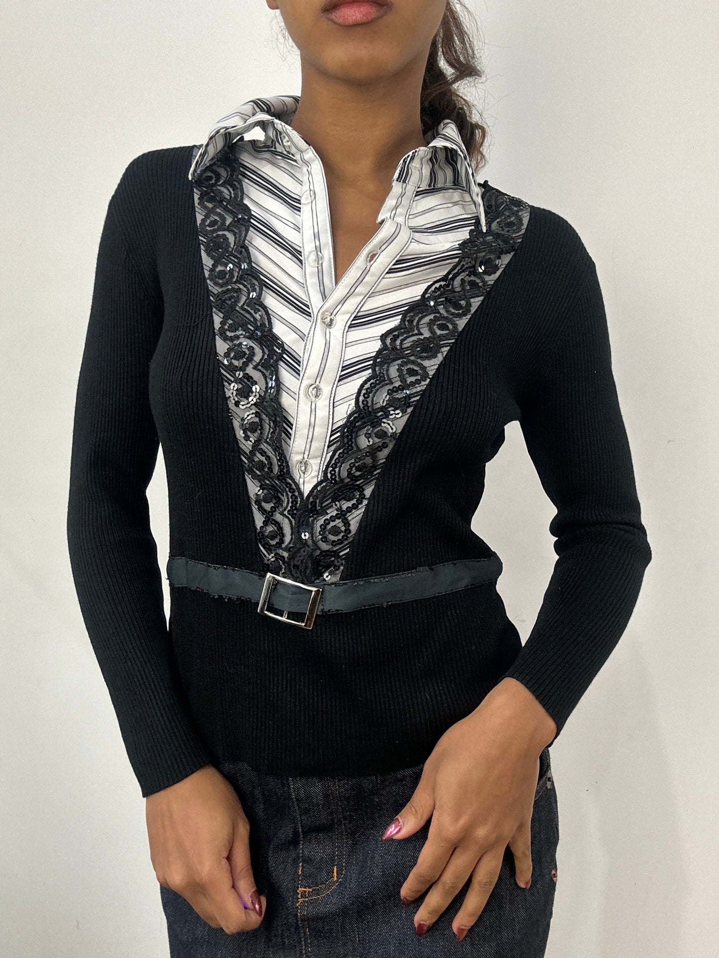 BEST PICKS | small black ribbed jumper with built in shirt detail