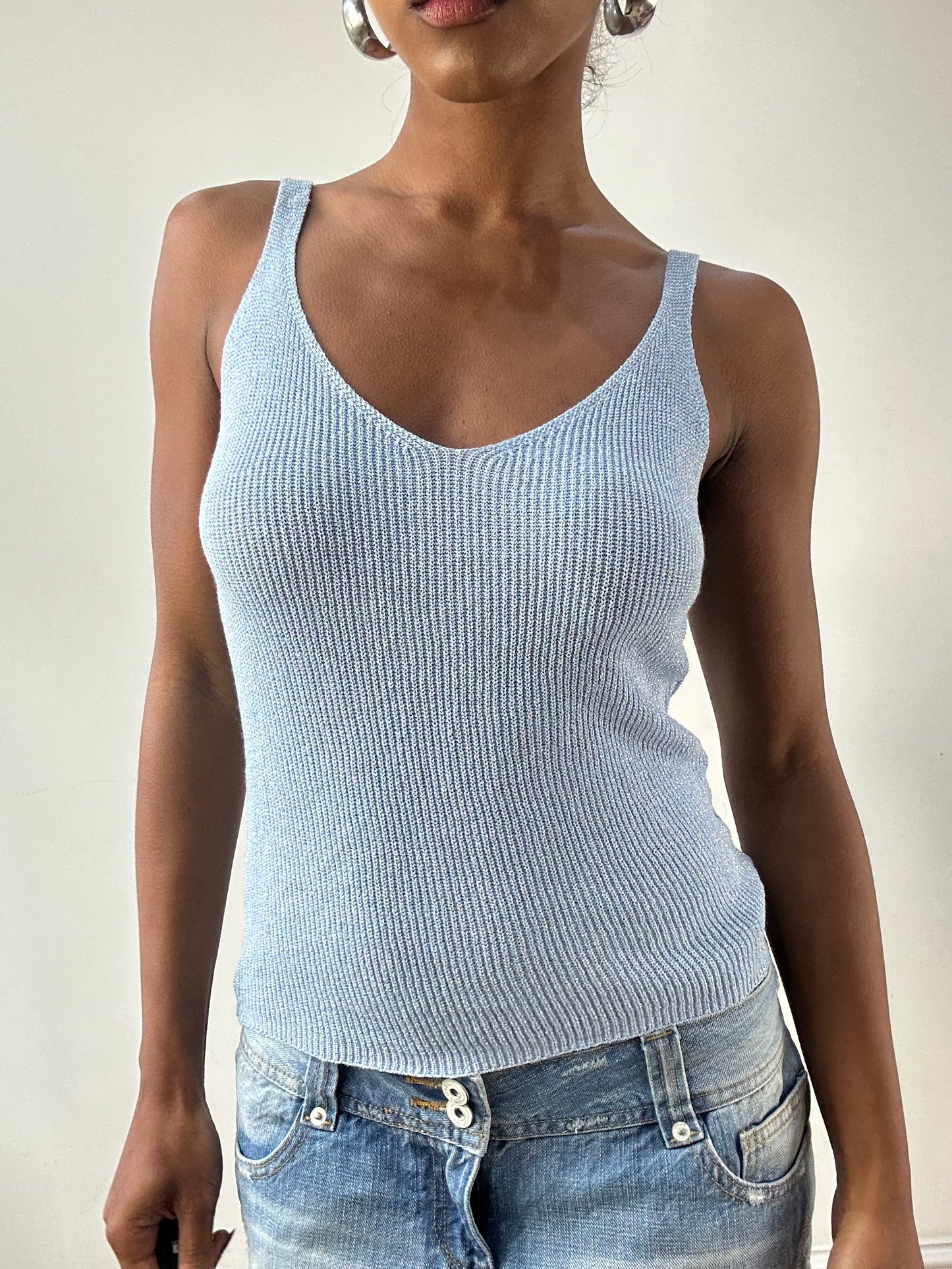 LFW edit | small blue knit tank top with glitter thread