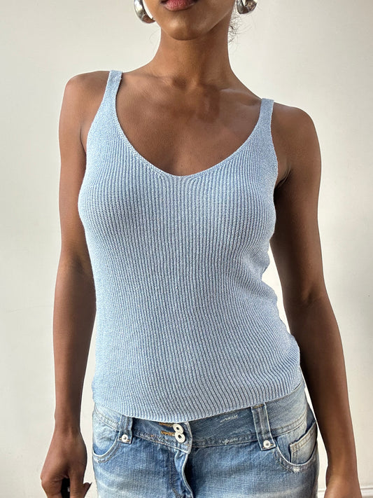 LFW edit | small blue knit tank top with glitter thread