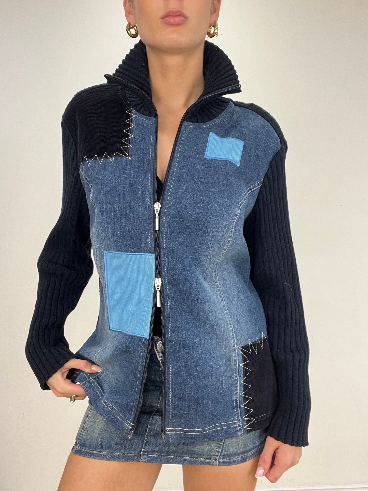 💻 vintage edit five | medium blue denim patchwork dual zip jumper