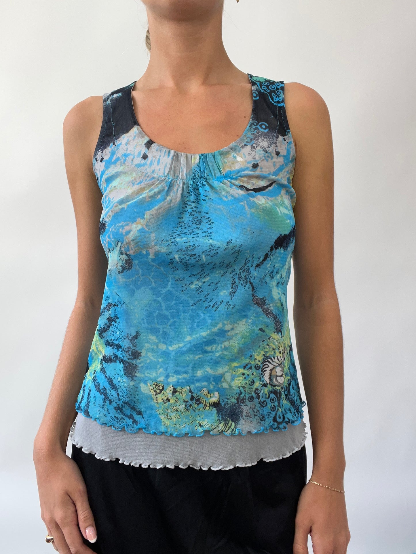 💚 GIRLS TRIP DROP | small blue mesh cami with abstract print