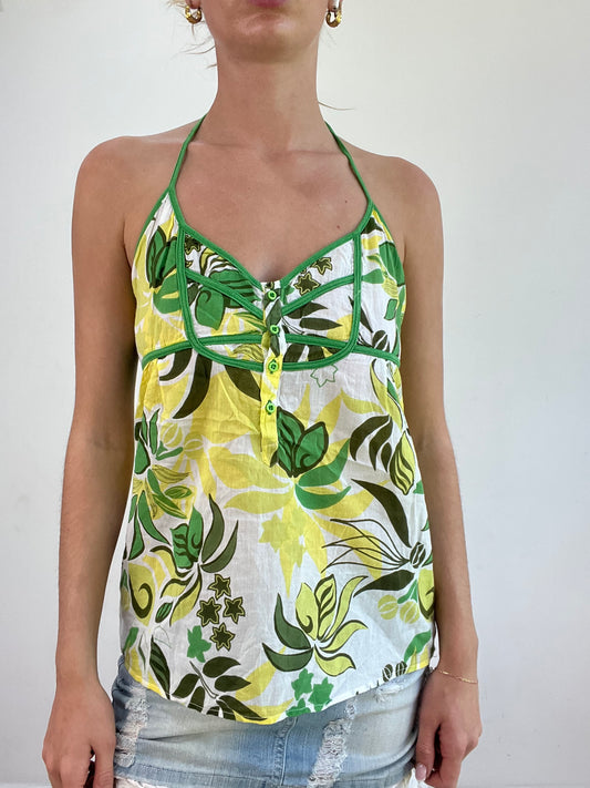 BEST PICKS | medium yellow and green leaf print linen halterneck top