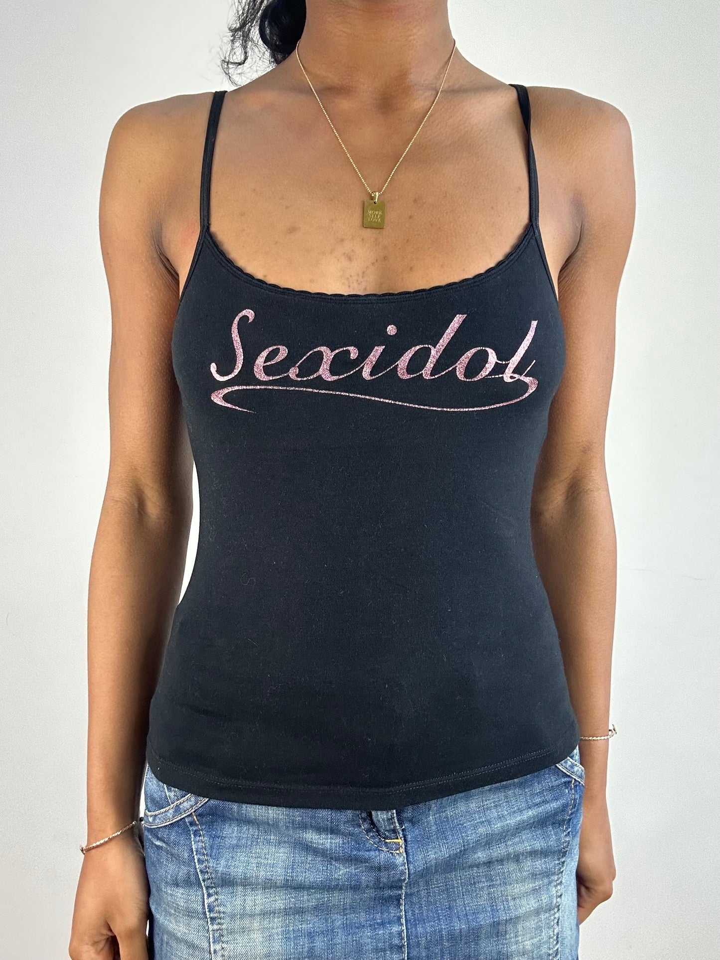 vintage edit: tops | small black and pink glittery ‘sex idol’ cami top