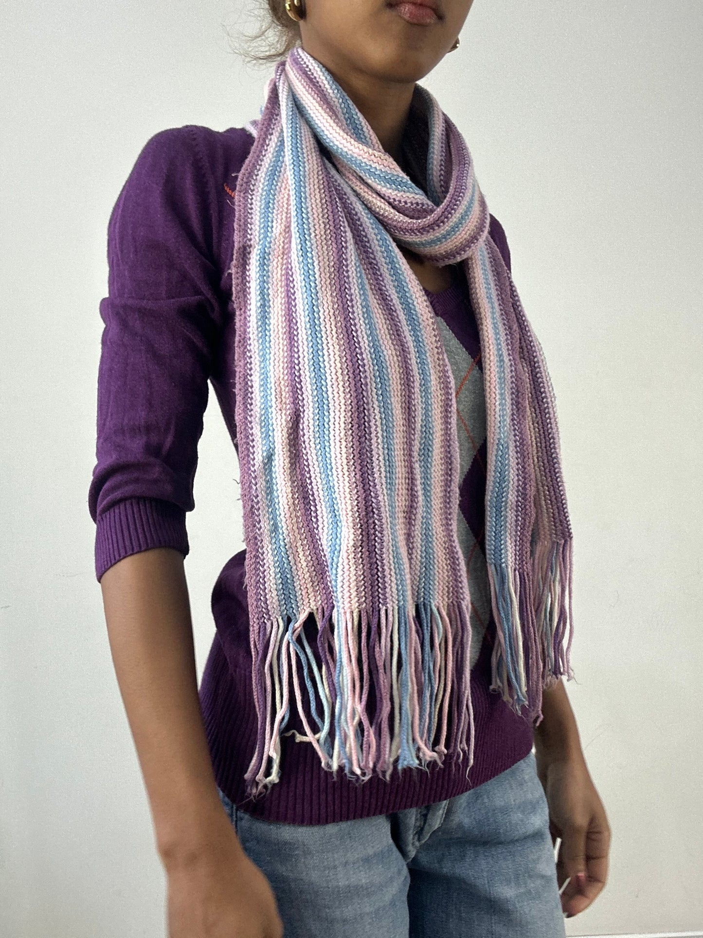 winter edit | purple and blue striped knit tassel scarf