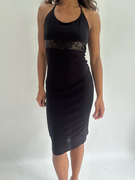 wedding guest drop | small black mesh overlay midi dress
