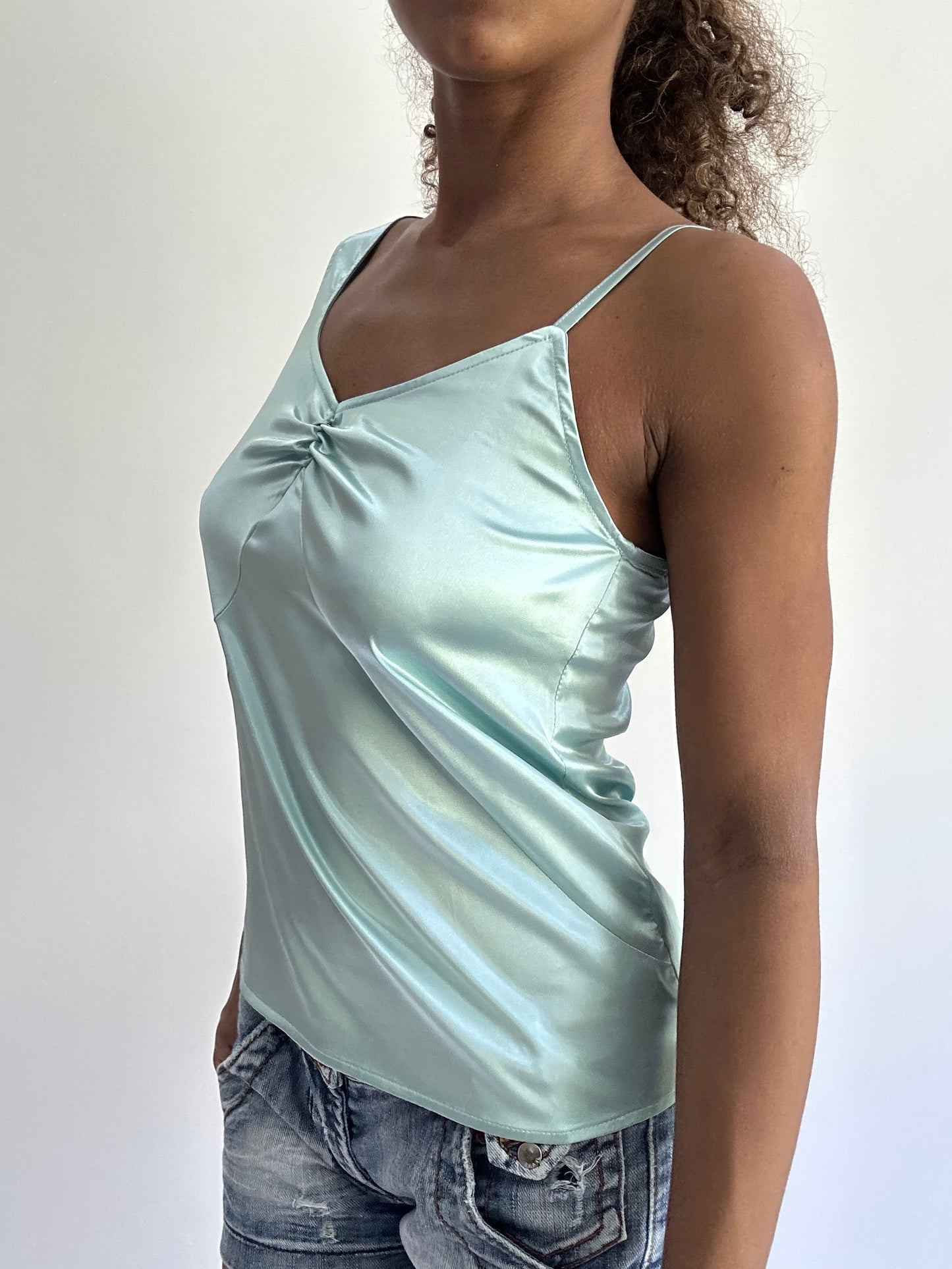 BEST PICKS | small light blue satin style asymmetric cami top