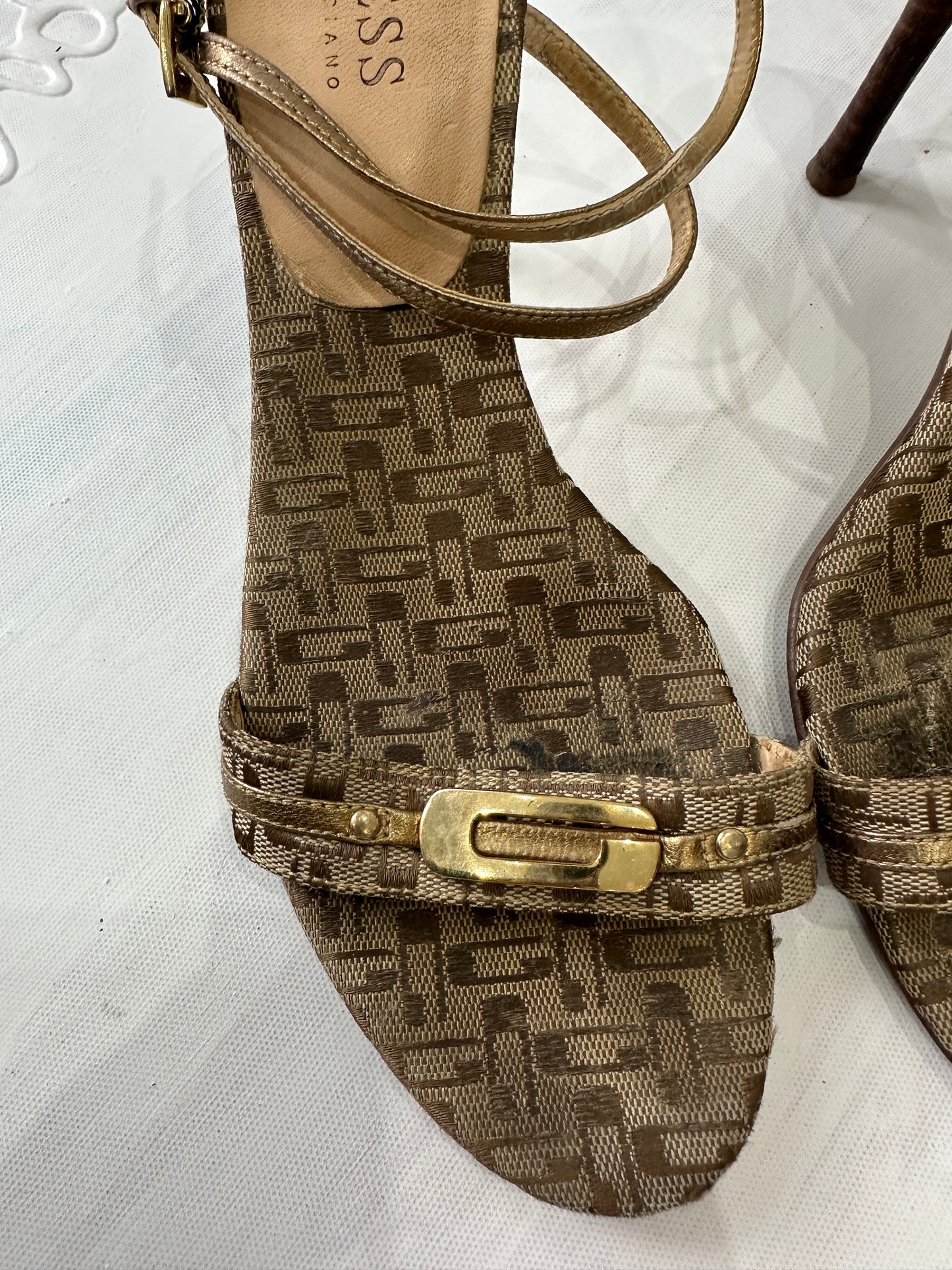 vintage edit thirty-three | UK6.5 brown guess strappy heels with monogram print