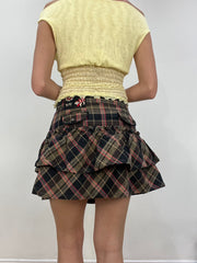 vintage edit nine | extra small khaki and black plaid ruffle skirt