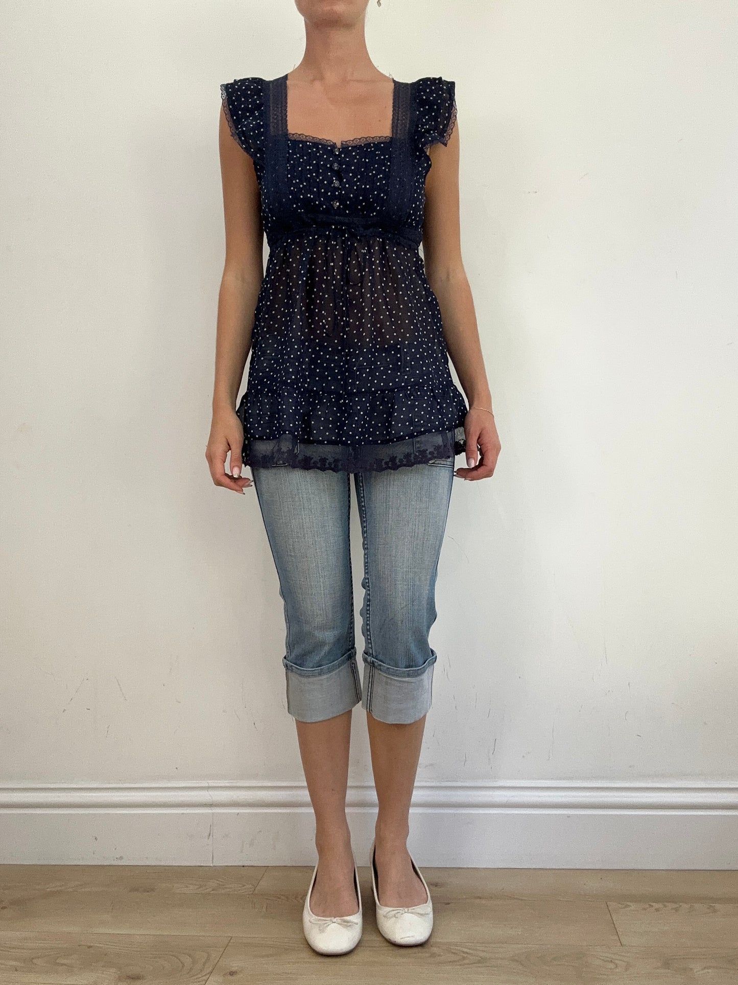 summer edit | small navy mesh short sleeve top with polka dot print
