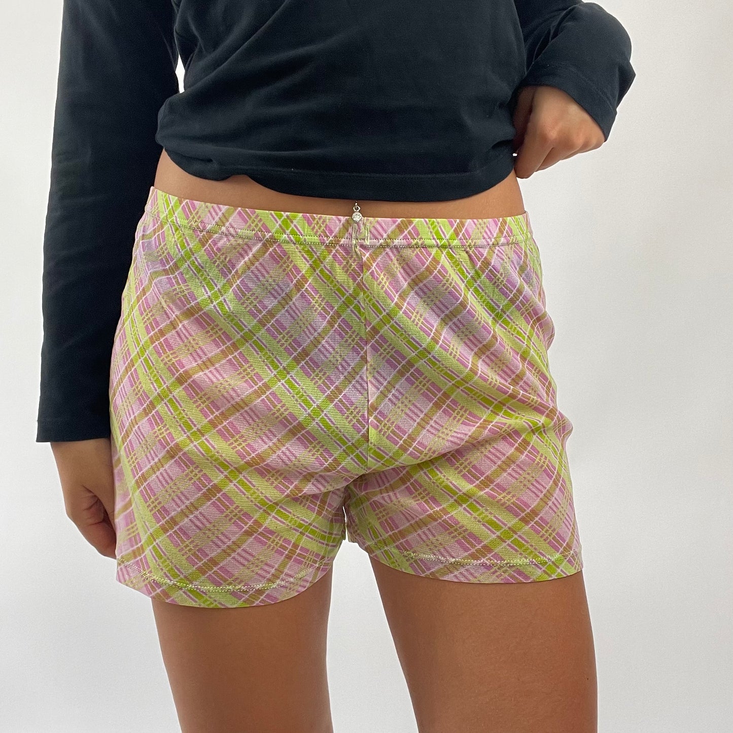 AMELIA GRAY DROP | small green and pink checkered mesh shorts