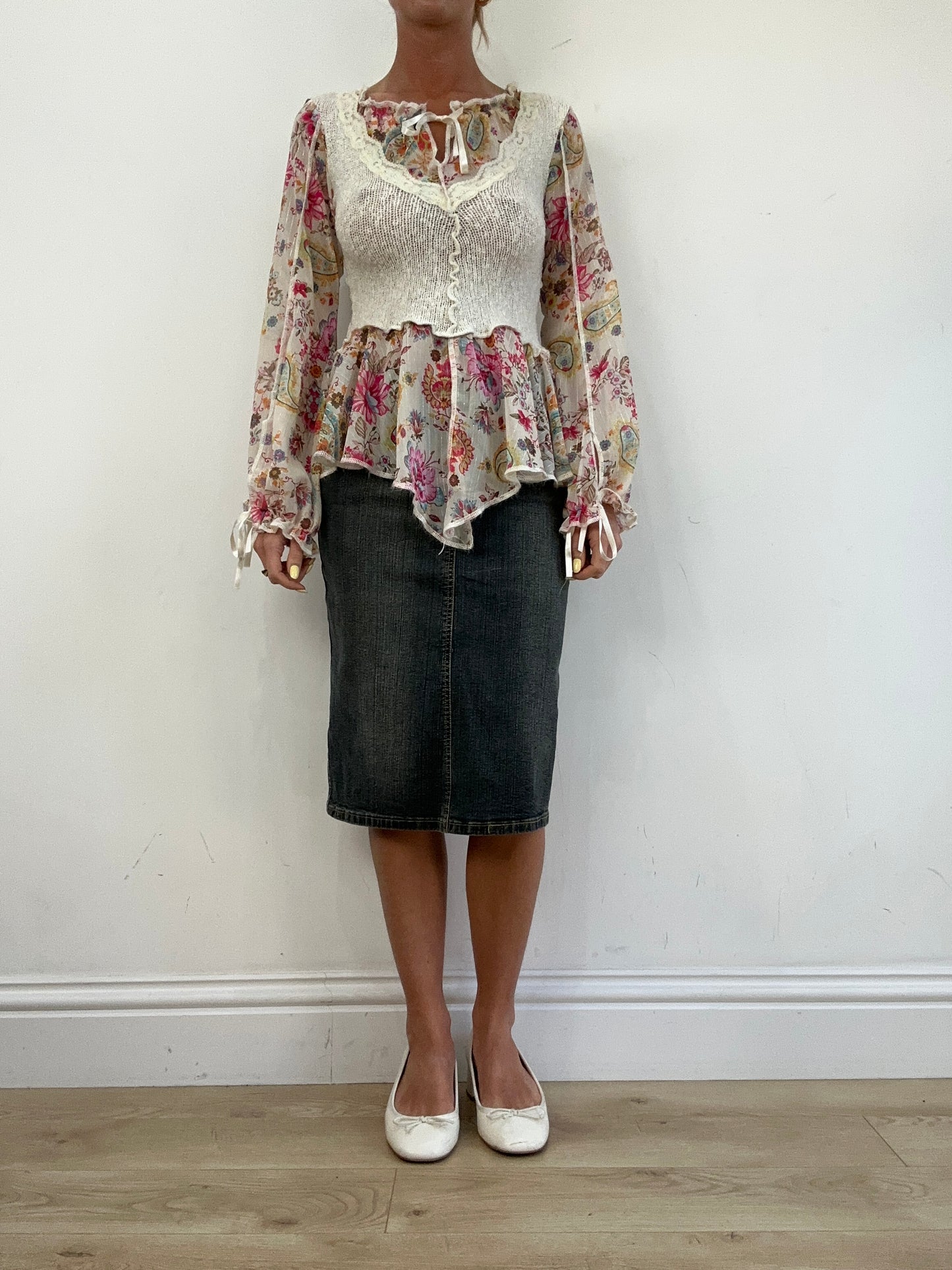 vintage edit eleven | small boho style white and pink floral knitted top