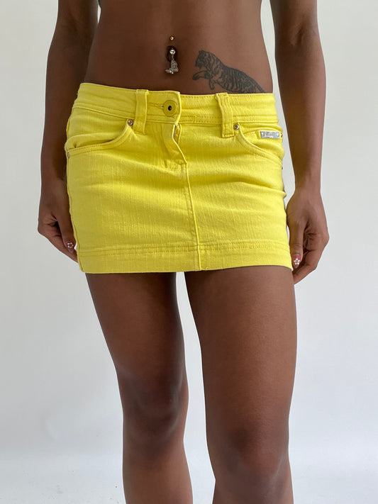zara larsson drop | small yellow denim style mini skirt