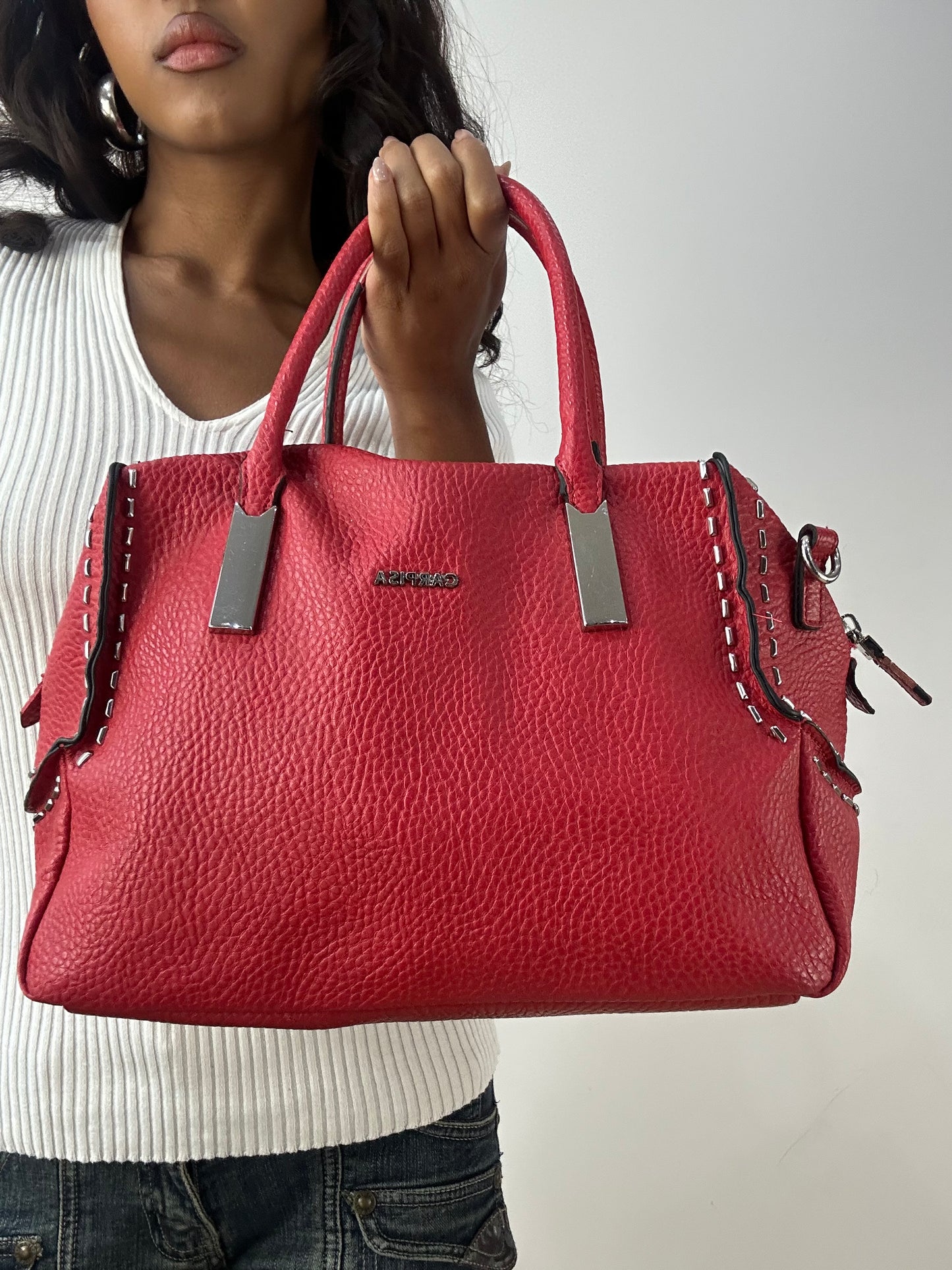 BEST PICKS | red faux leather shoulder bag with silver hardware details