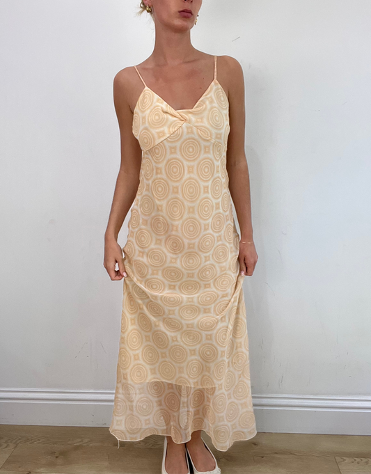 vintage edit: wedding guest | medium yellow maxi dress with circle print