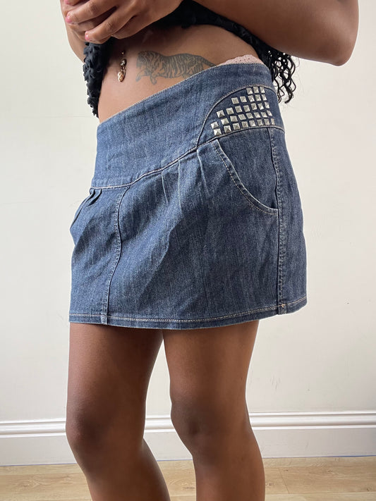 vintage edit: festival | medium blue denim mini skirt with silver studding