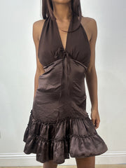 BEST PICKS | extra small brown satin style halterneck mini dress