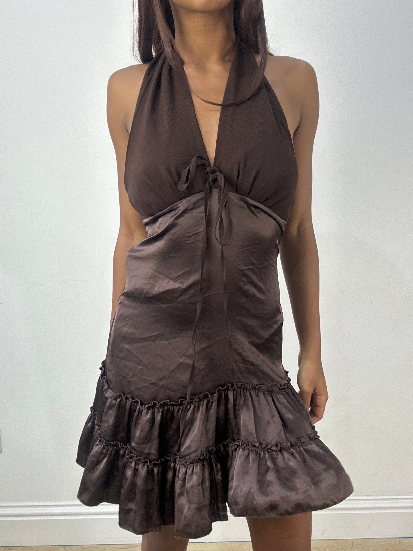 BEST PICKS | extra small brown satin style halterneck mini dress