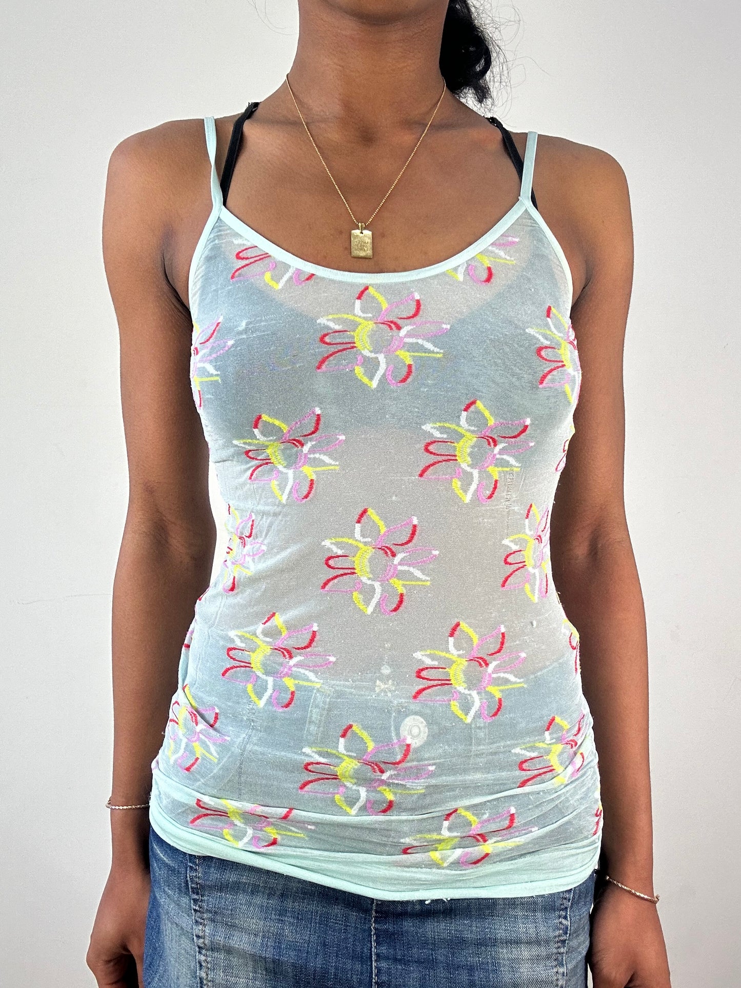 vintage edit: tops | small light blue sheer cami top with floral print