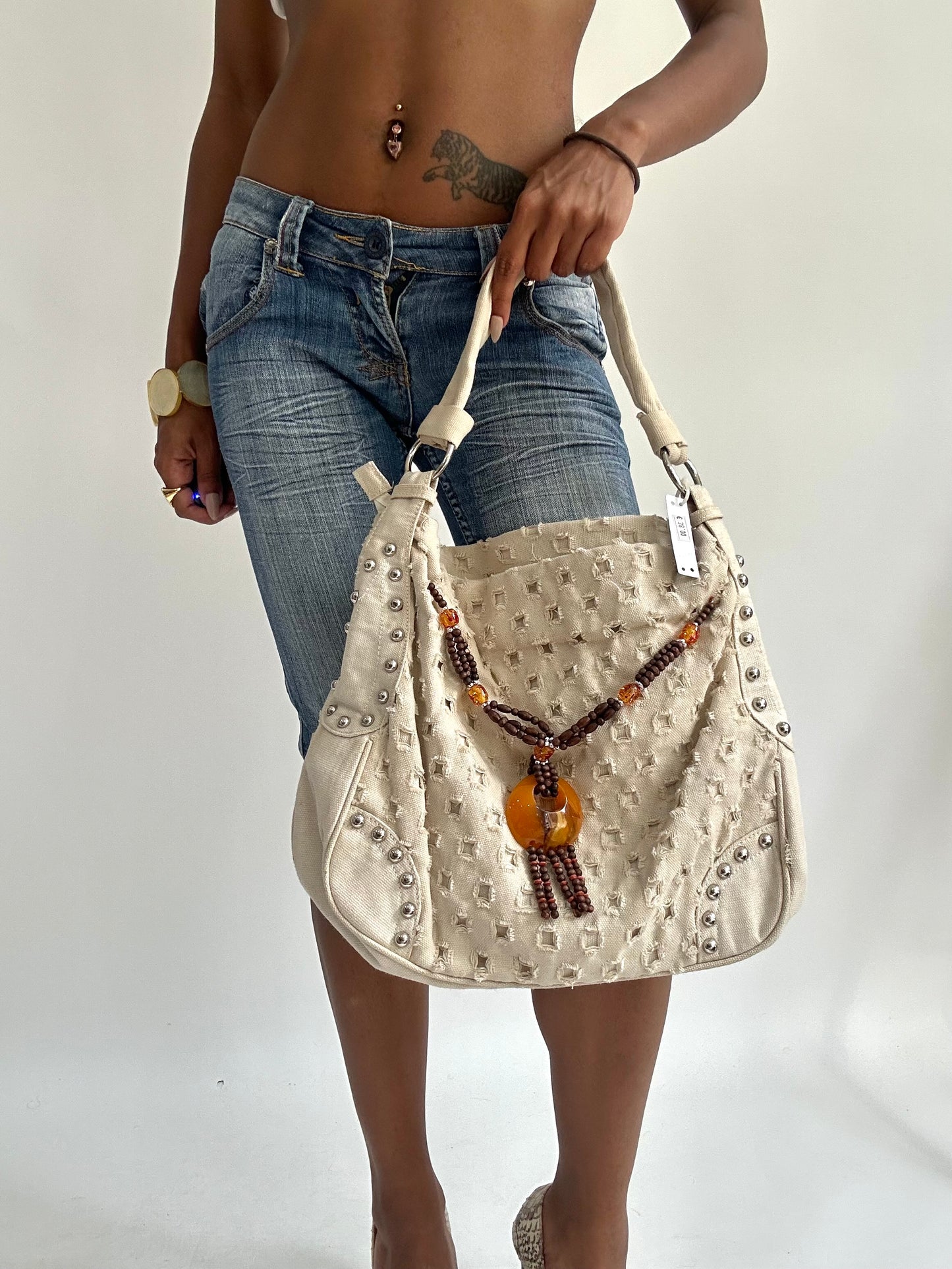 summermaxxing drop | cream studded shoulder bag with beaded detail