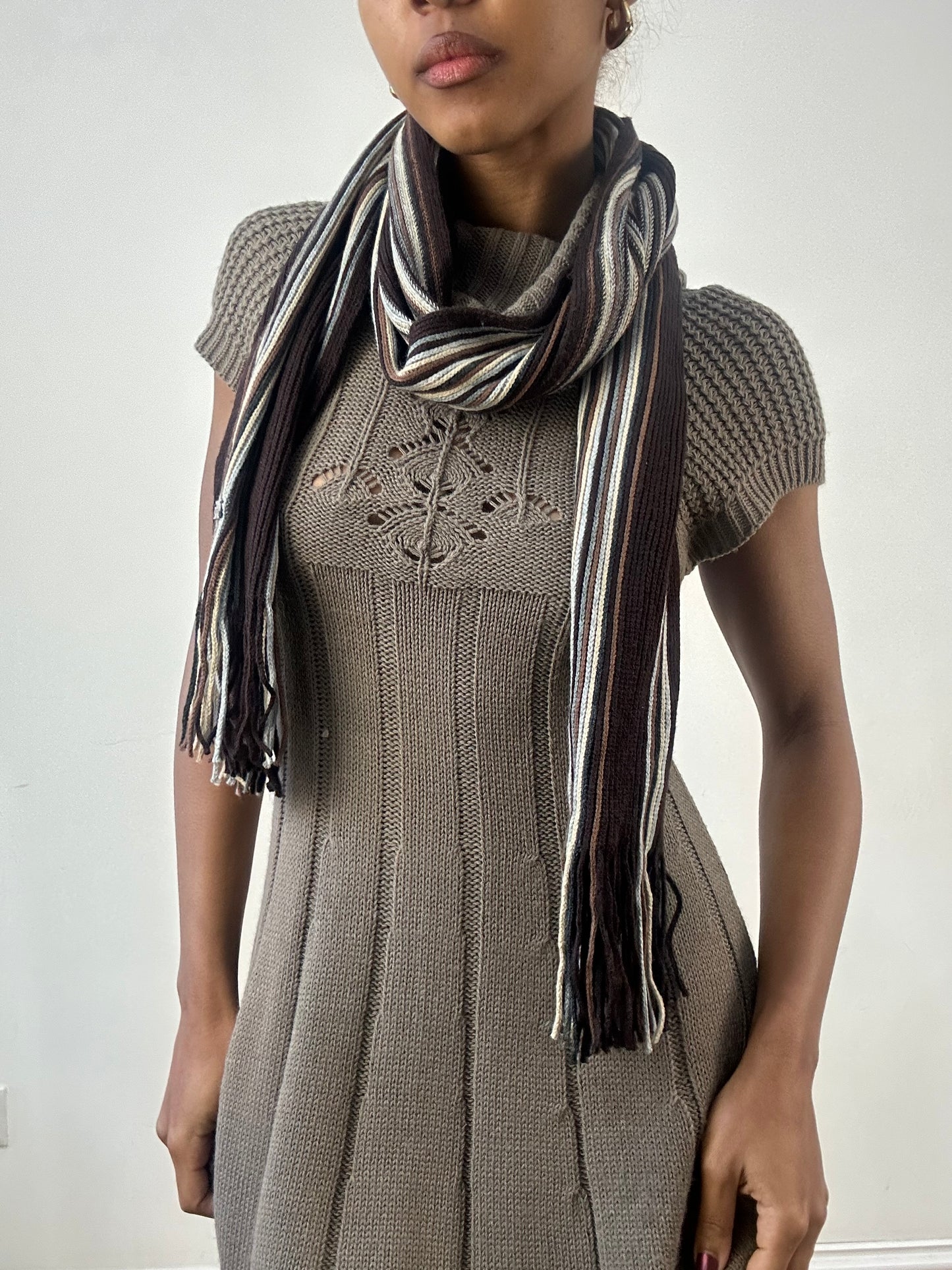winter edit | brown and cream striped knit tassel scarf