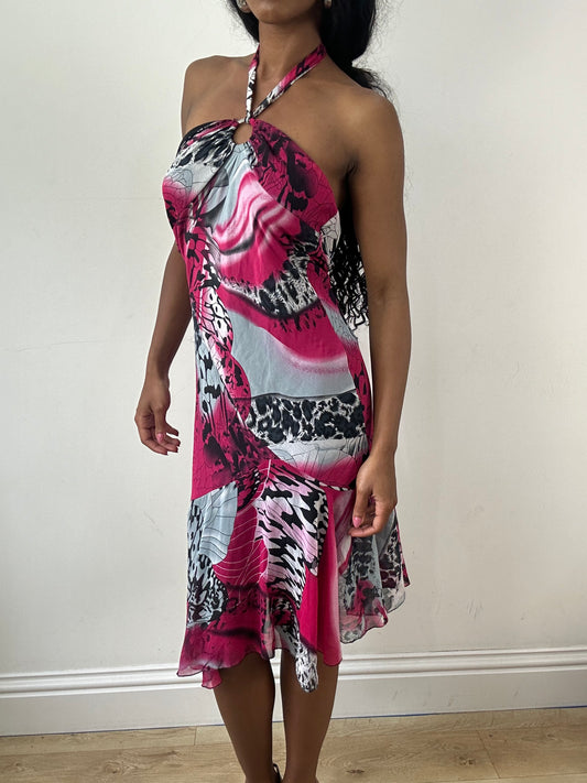 vintage edit: festival | medium pink and white halterneck bandeau midi dress with ring detail