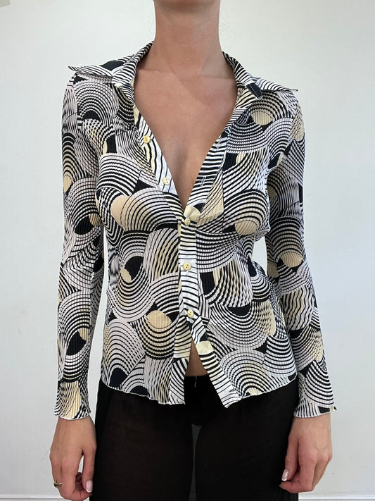 vintage edit: wedding guest | small white black and beige long sleeve shirt swirl print