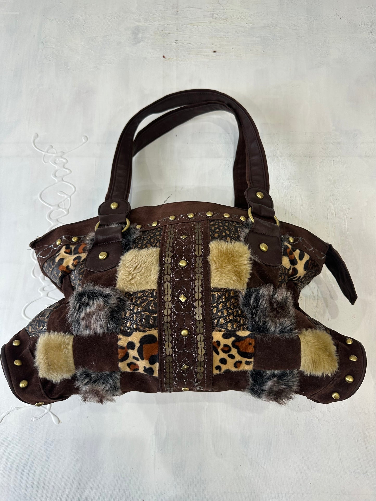 vintage edit thirty-three | brown faux fur patchwork shoulder bag