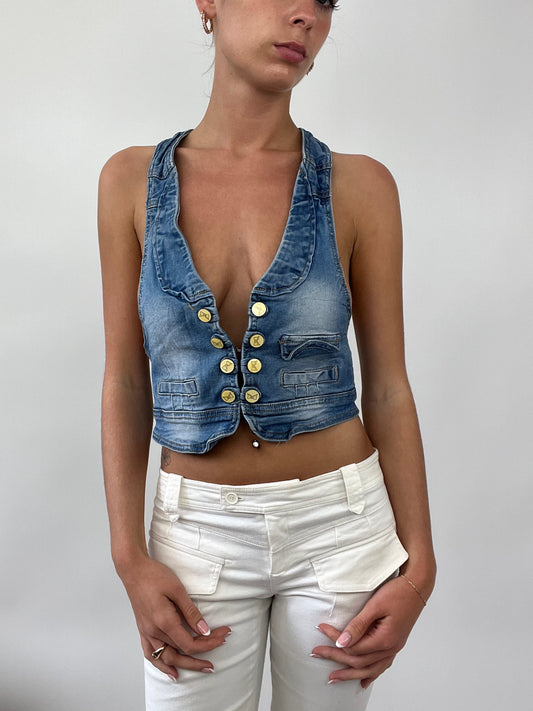 PALM BEACH DROP | small denim blue waistcoat with bow buttons