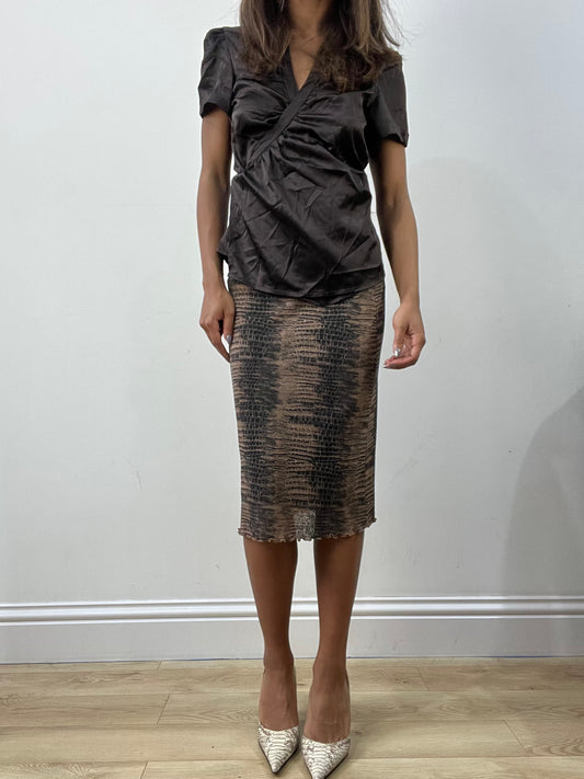 BEST PICKS | small brown patterned mesh overlay midi skirt