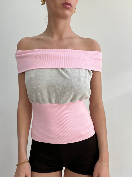 #389 SAMPLE SALE | xs moonstone grey and baby pink off the shoulder jumper top