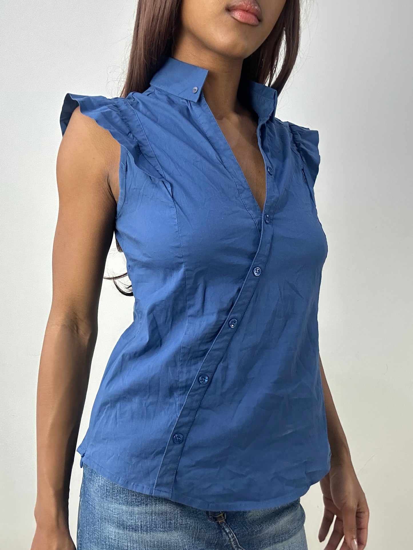 vintage edit thirty-three | small blue guess asymmetric button up shirt