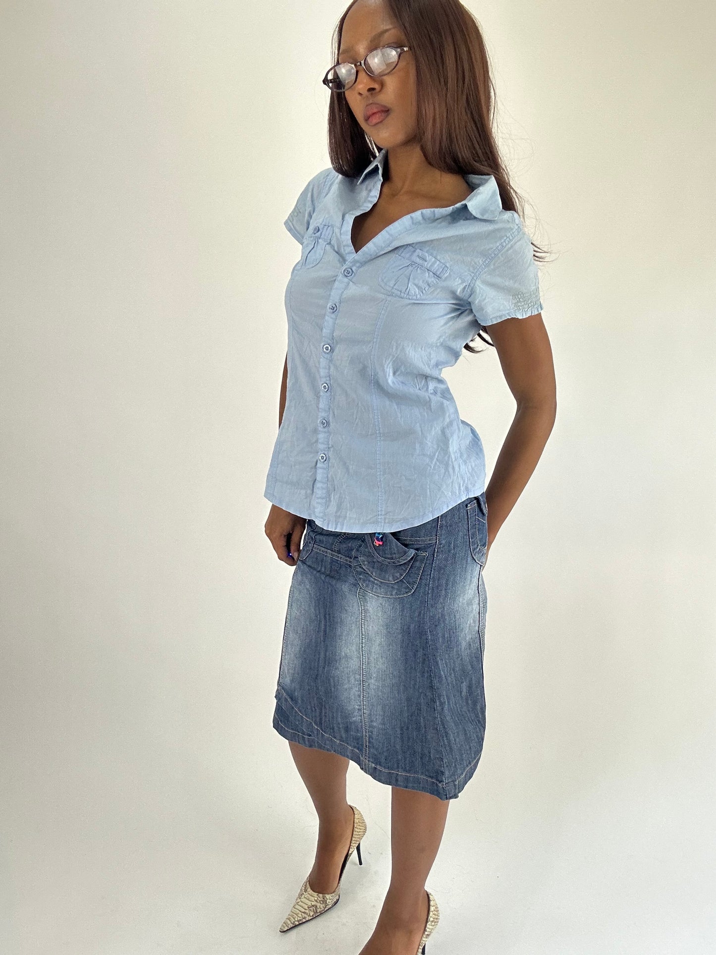 WINTER FAVOURITES | small blue denim midi skirt with multicolour button detail