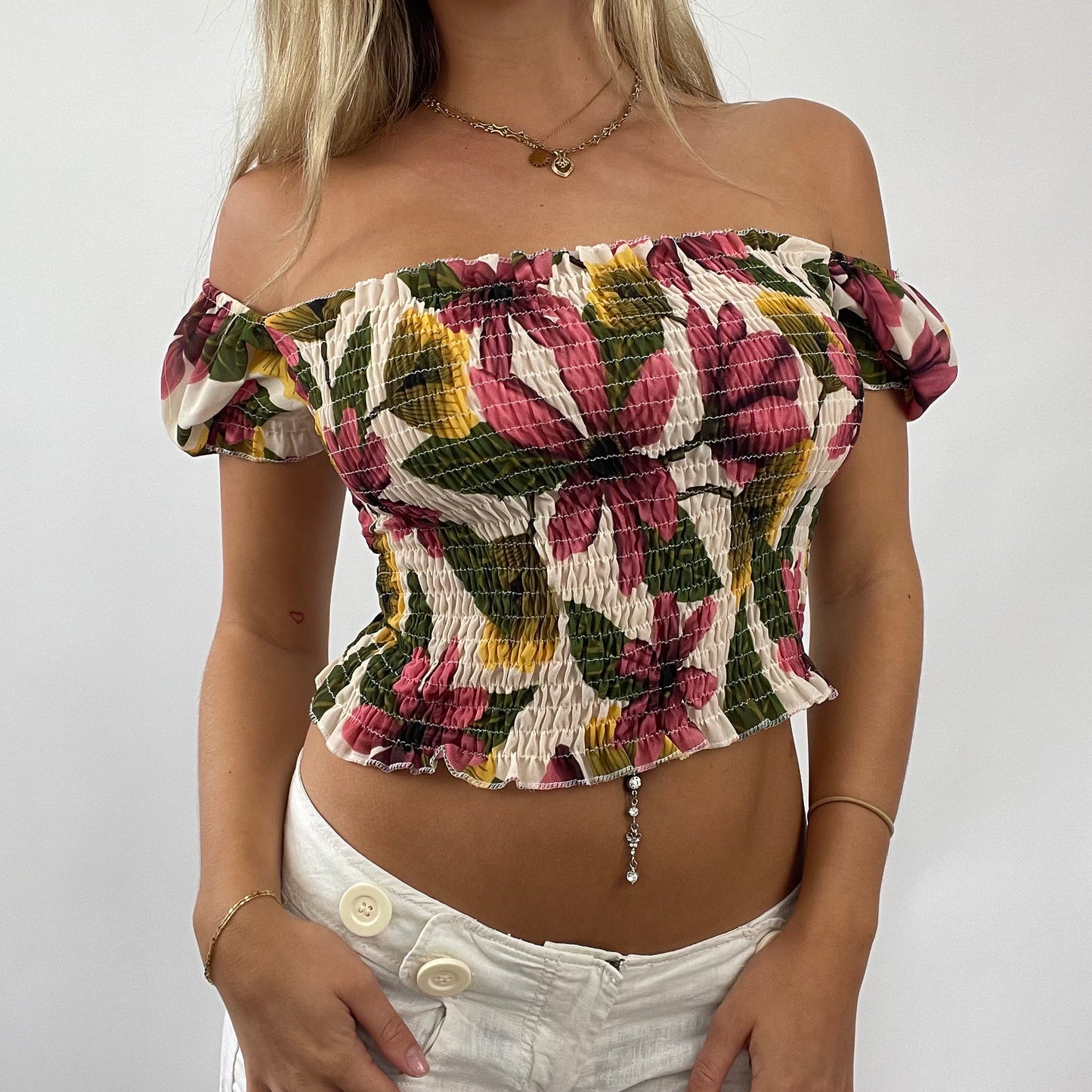 FRESHERS FITS DROP | small cream floral shirred off shoulder top