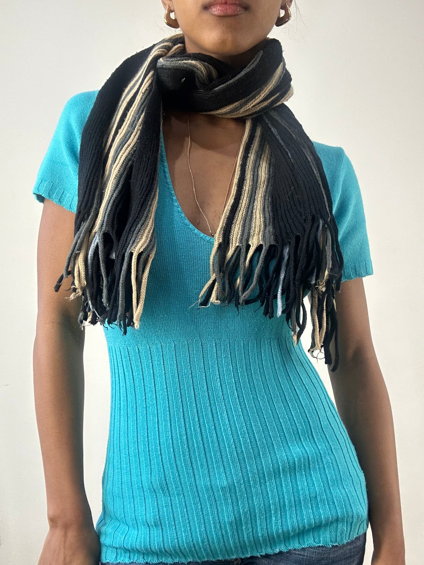 winter edit | black and blue striped knit tassel scarf