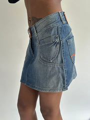 euro trash | small blue and orange harley davidson denim mini skirt